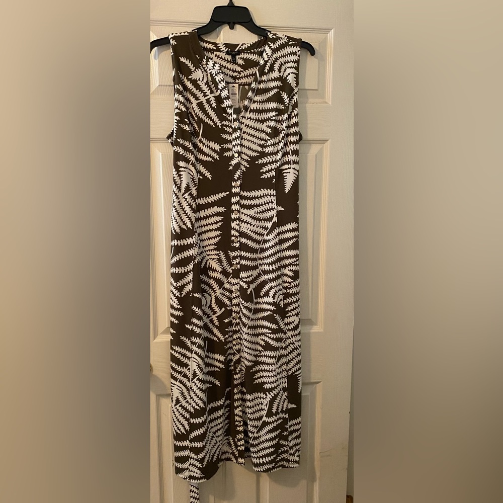 Talbots Maxi Dress Jersey Stretch Green Foliage Print Sleeveless